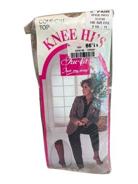 Vintage 6pr 100% Nylon try-fit Comfort Top Knee Highs One Size Suntan 9013